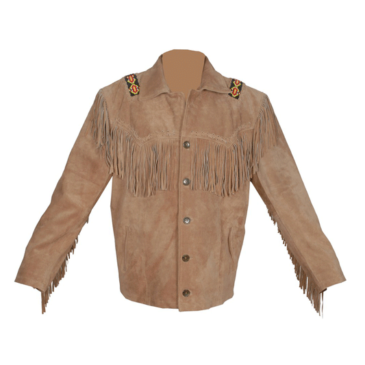 Western Beige Suede Leather Fringe Beaded Jacket LWJ517