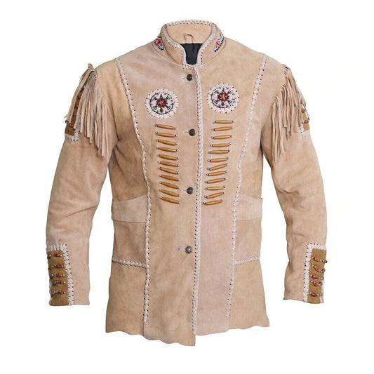 Western Beige Fringe Beaded Suede Leather Jacket Cowboy Jacket LWJ5180