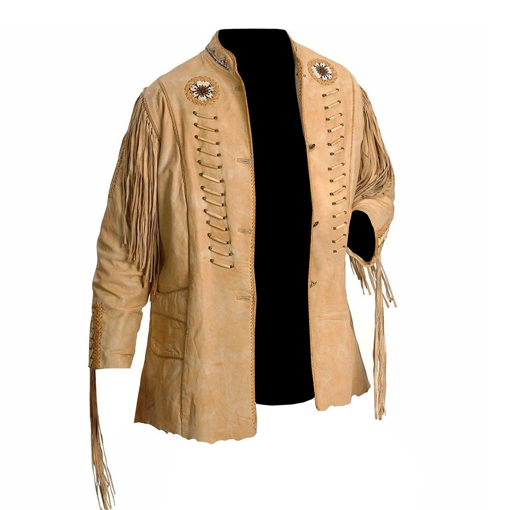 Western Beige Fringe Beaded Leather Jacket Cowboy Jacket WJ1190