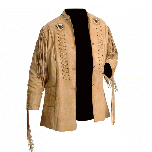 Western Beige Fringe Beaded Leather Jacket Cowboy Jacket WJ1190