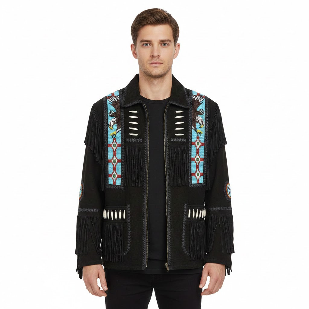 Man wearing a black jacket with colorful patterns and fringes on a white background