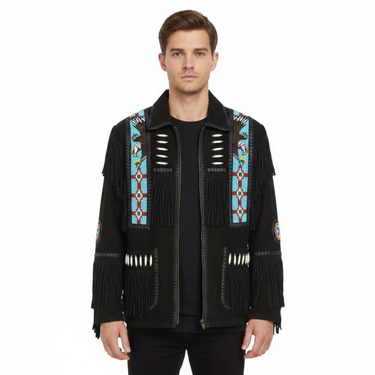 Man wearing a black jacket with colorful patterns and fringes on a white background