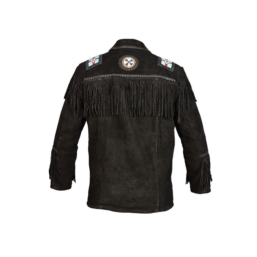 Western Black Suede Leather Fringe Beaded Jacket LWJ363