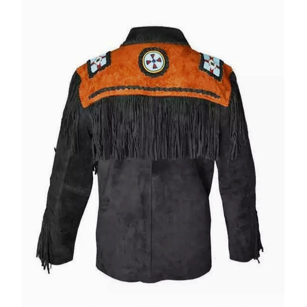 Western Black Suede Leather Fringe Eagle Beaded Jacket LWJ364