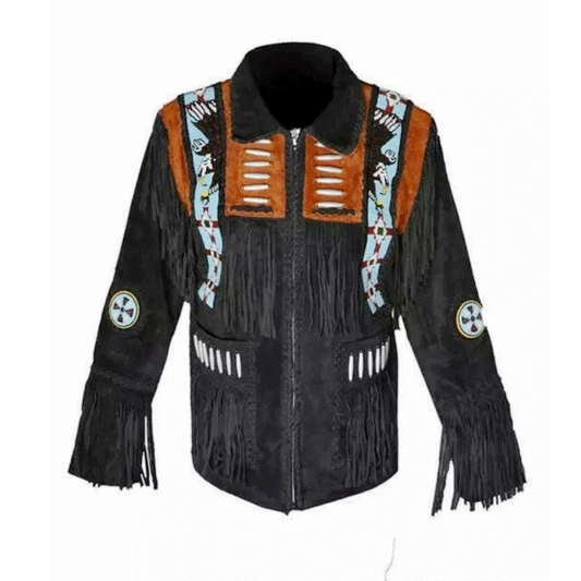 Western Black Suede Leather Fringe Eagle Beaded Jacket LWJ364