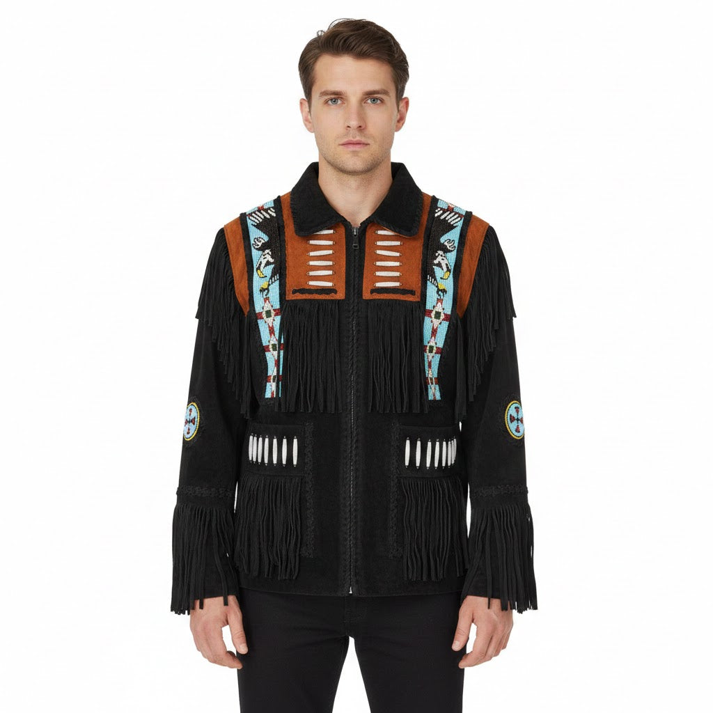 Western Black Suede Leather Fringe Eagle Beaded Jacket Cowboy Jacket LWJ364