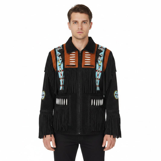 Western Black Suede Leather Fringe Eagle Beaded Jacket Cowboy Jacket LWJ364