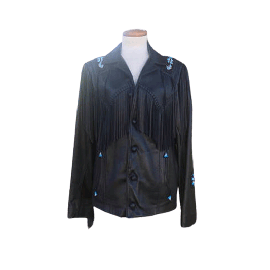 Western Fringe Beaded Jacket Black Leather LWJ352