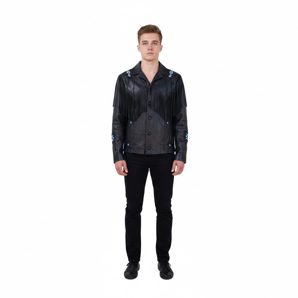 Man wearing a black leather jacket with fringe and embroidery on a white background