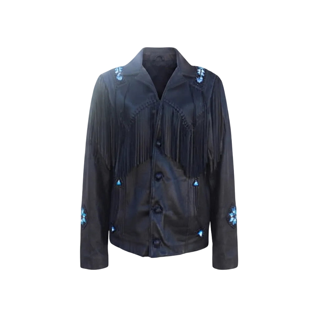 A black faux-leather fringed jacket with blue embroidered details on the shoulders, front, and cuffs, displayed against a plain white background.