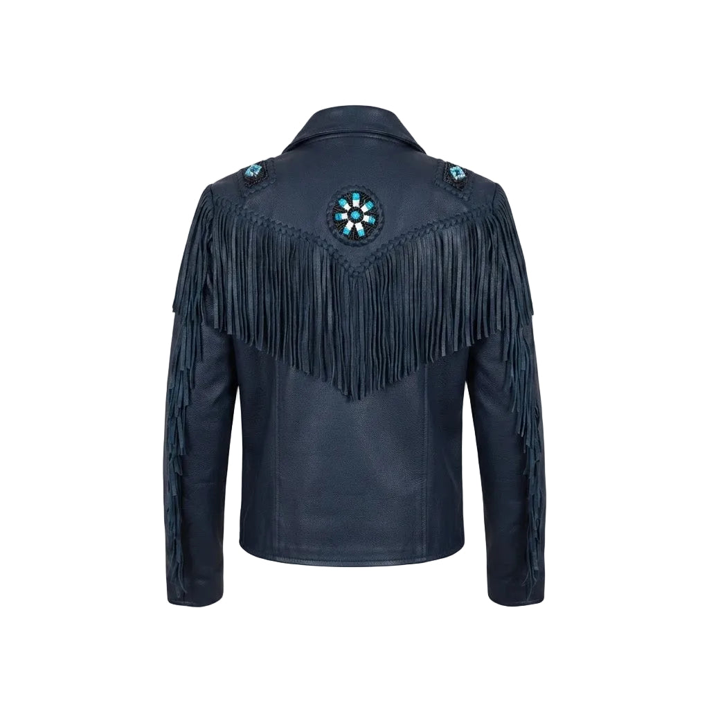 A black leather jacket with long fringe across the shoulders and sleeves, featuring a turquoise and white floral inlay on the back collar and matching turquoise accents on the shoulders, shown against a plain white background.