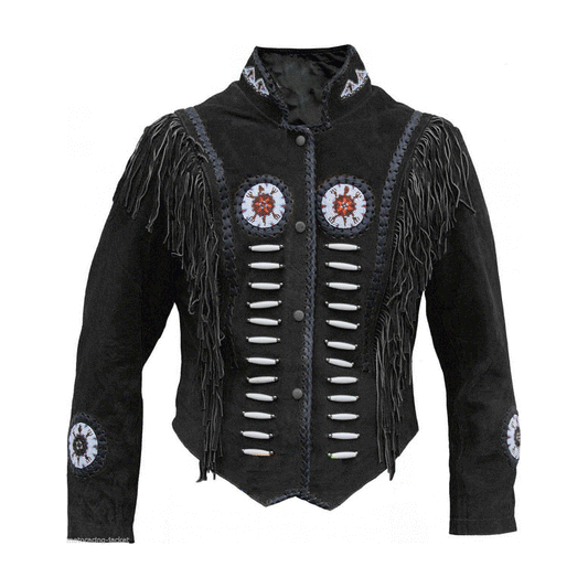 Western Black Suede Leather Fringe Beaded Jacket LWJ365