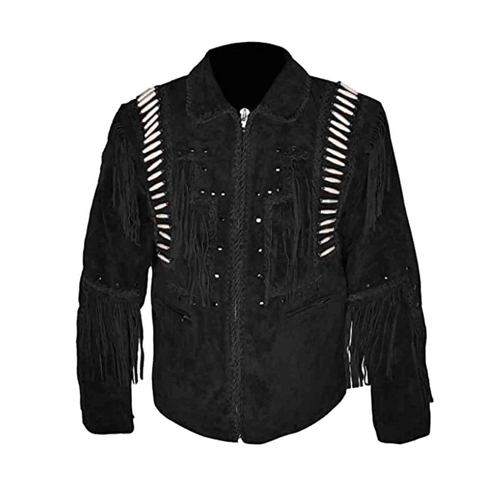 Western Black Fringe Bone Suede Leather Jacket Cowboy Jacket LWJ3960
