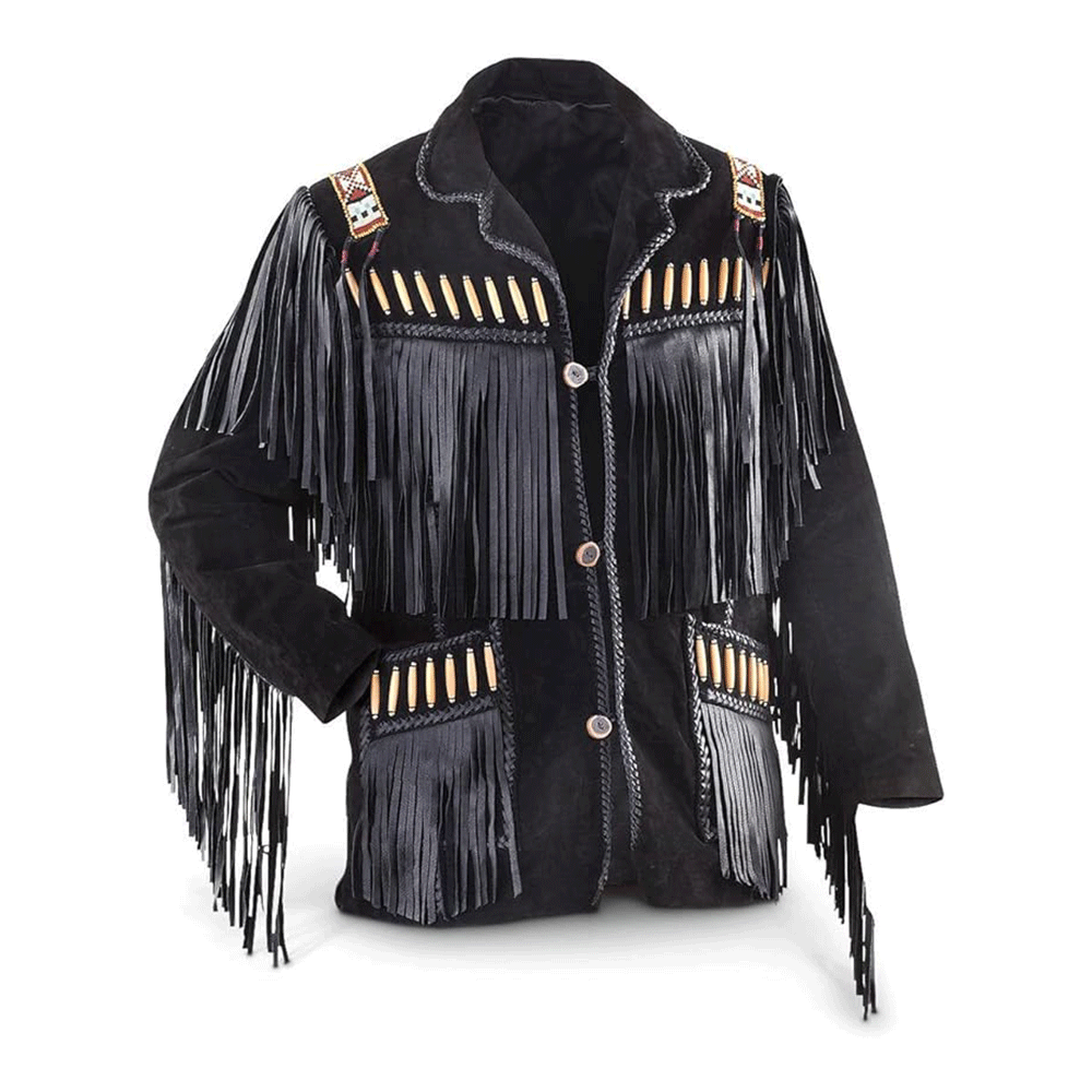 Western Black Suede Leather Fringe Beaded Leather Jacket LWJ366