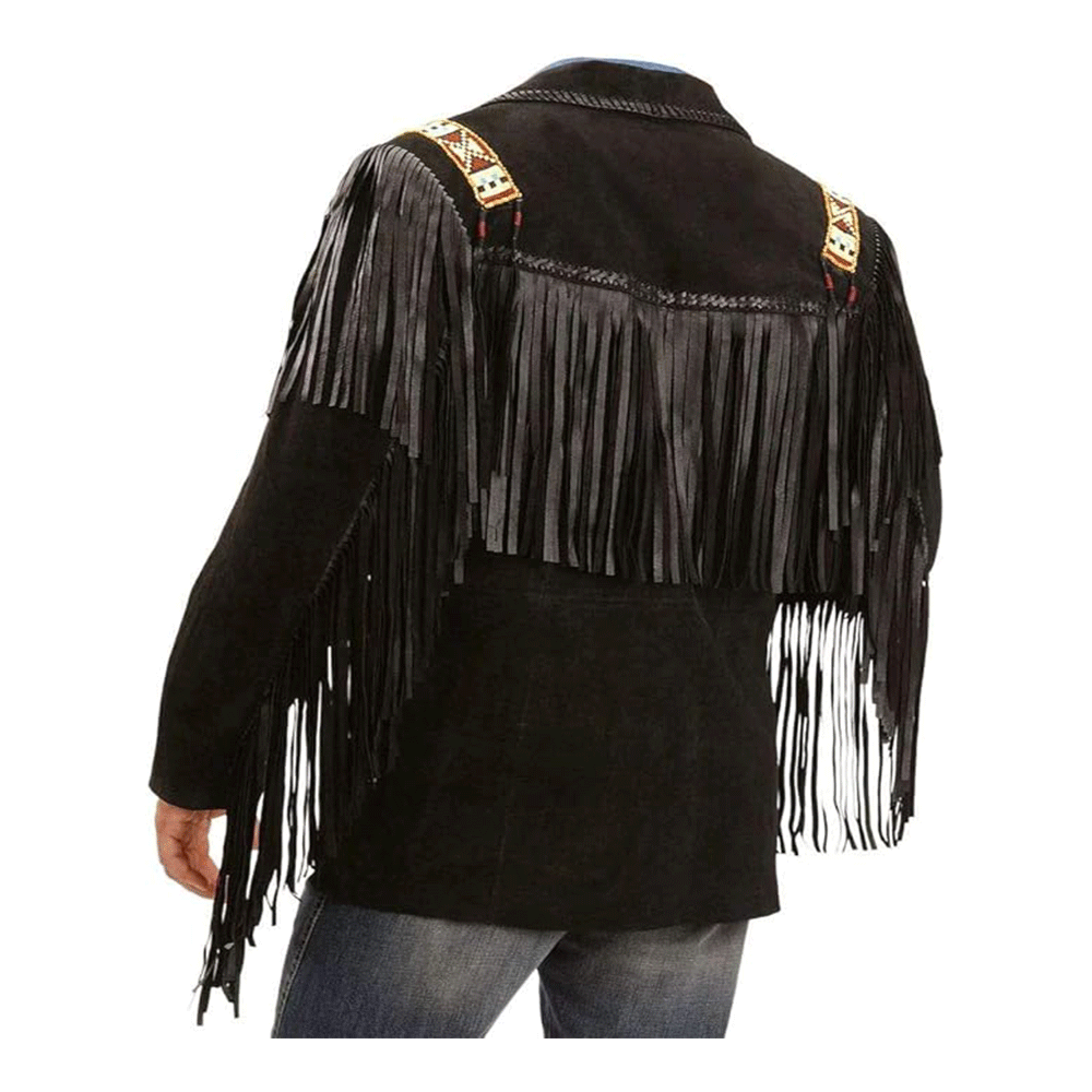 Western Black Suede Leather Fringe Beaded Leather Jacket LWJ366