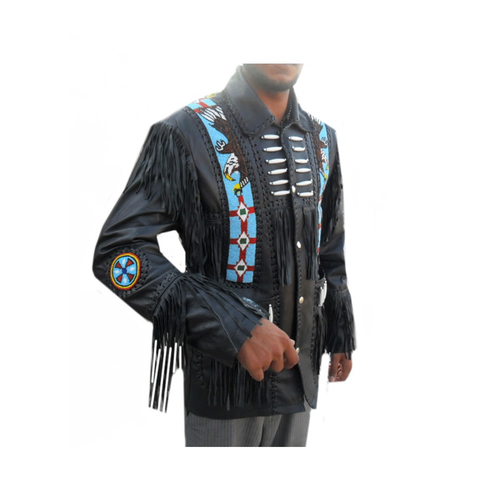 Western Black Fringe Beaded Leather Jacket Cowboy Jacket LWJ3530