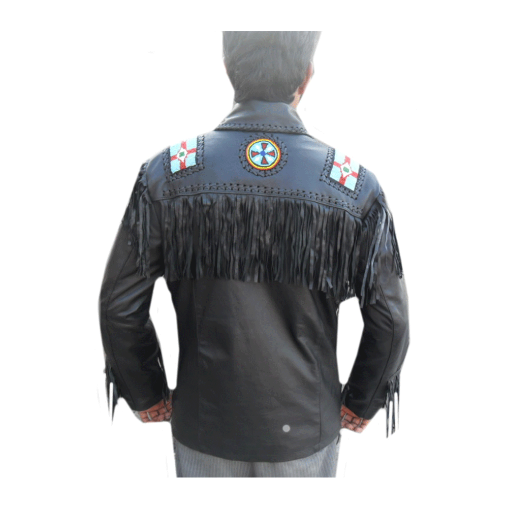 Western Black Fringe Beaded Leather Jacket Cowboy Jacket LWJ3530