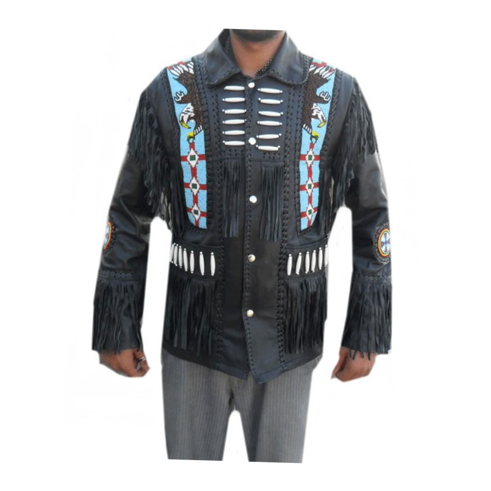 Western Black Fringe Beaded Leather Jacket Cowboy Jacket LWJ3530