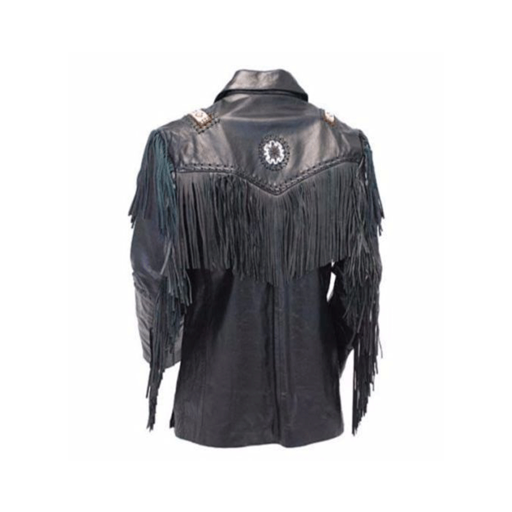 Western Fringe Beaded Jacket Black Leather LWJ351