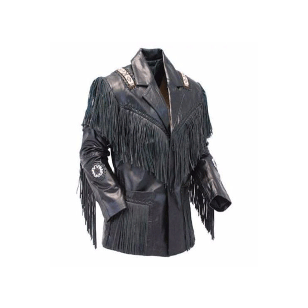 Western Fringe Beaded Jacket Black Leather LWJ351