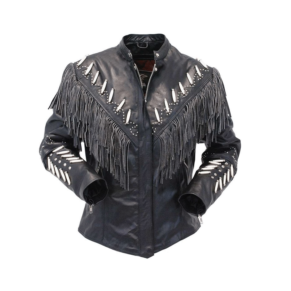 Women’s Black Leather Silver Studded Bone Fringe Jacket Cowgirl Jacket WFJ9001