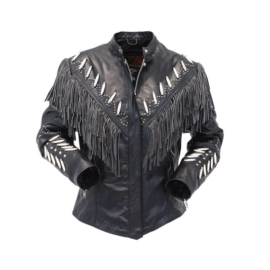 Women’s Black Leather Silver Studded Bone Fringe Jacket Cowgirl Jacket WFJ9001