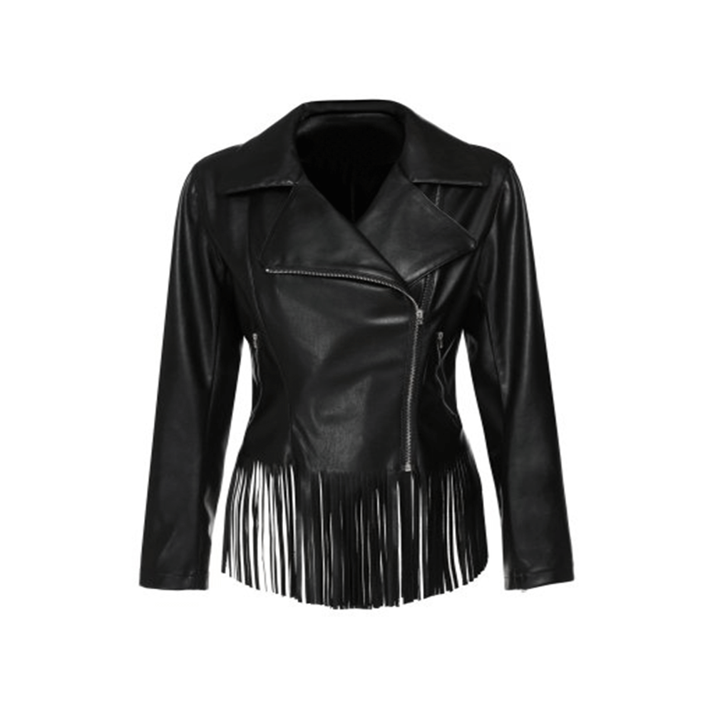 black leather jacket with fringe for woman