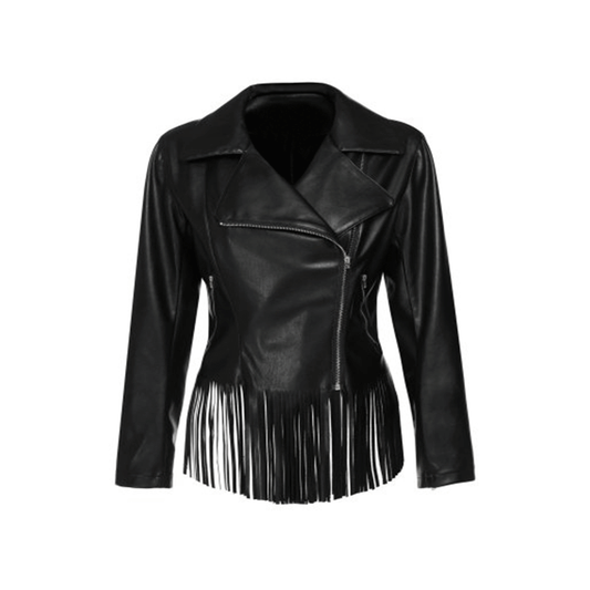 black leather jacket with fringe for woman
