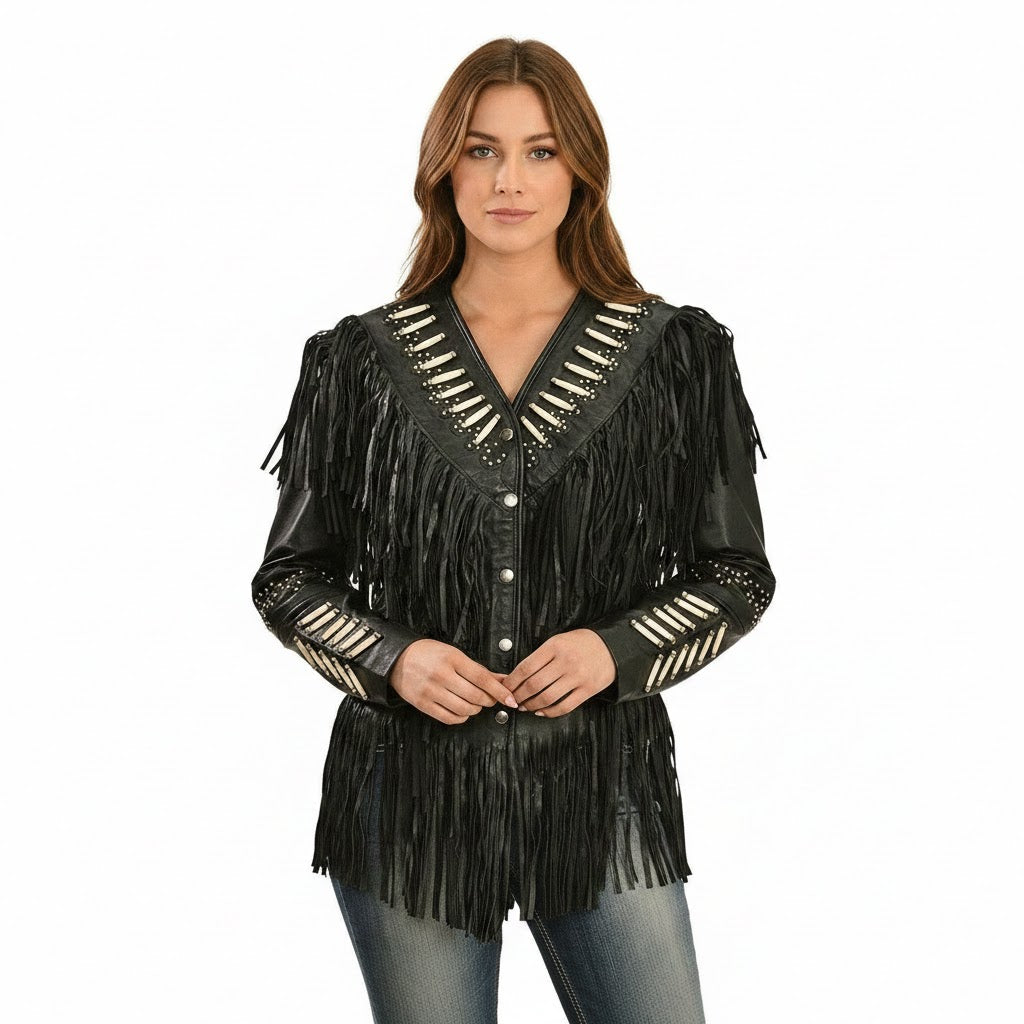 Black fringe leather jacket with bone accents on a white background