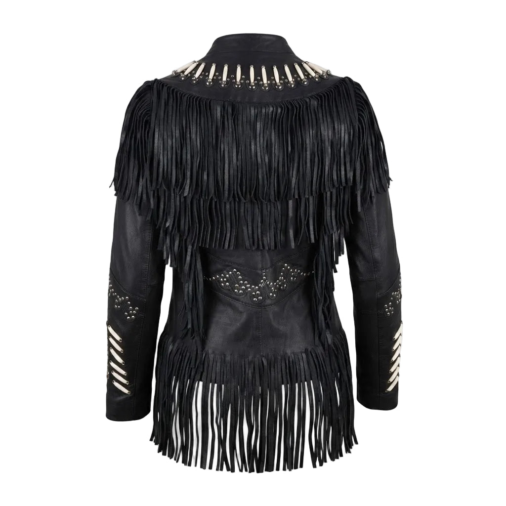 Black faux-leather fringe jacket with silver-tone studs and decorative trim, shown from the back on a white background.