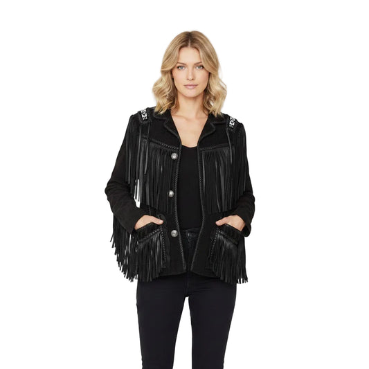 Woman wearing a black fringed jacket on a white background