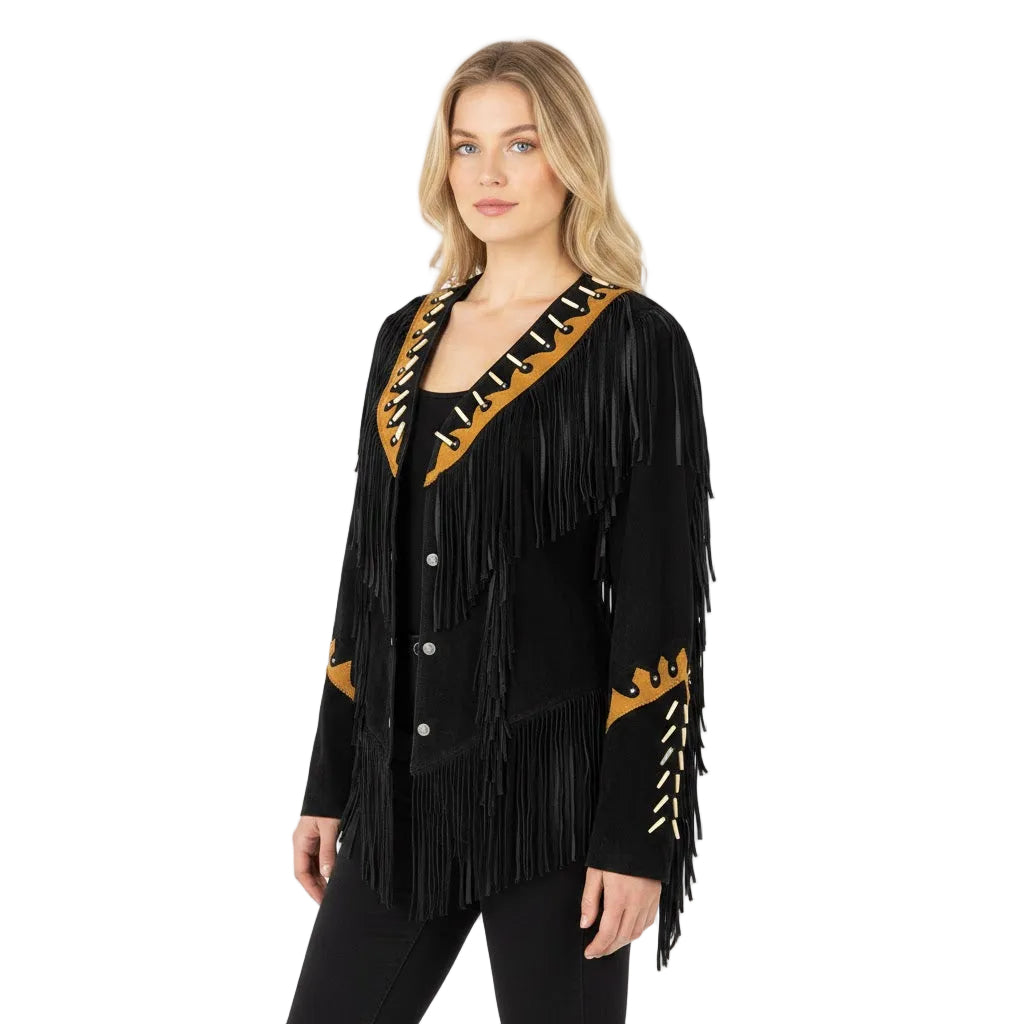 Woman wearing a black fringe jacket with decorative elements on a white background