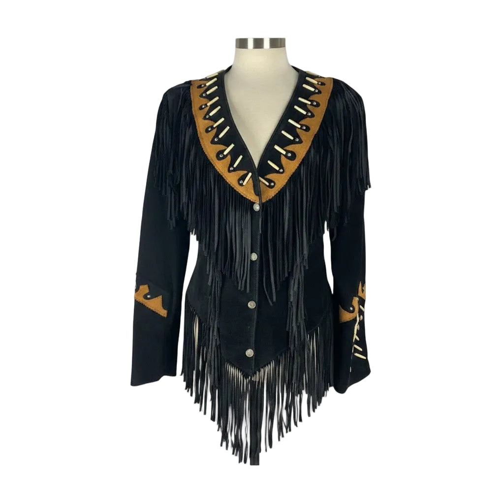 Black fringe jacket with gold accents on a mannequin against a white background