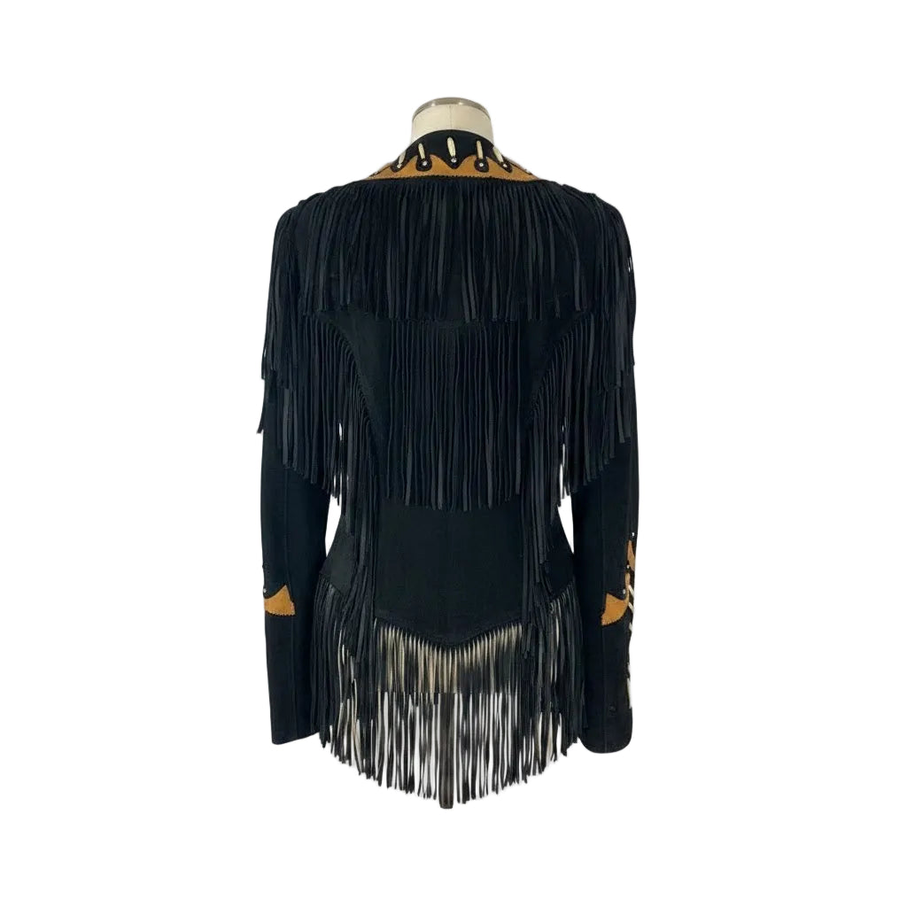 Black fringe jacket on a mannequin against a white background