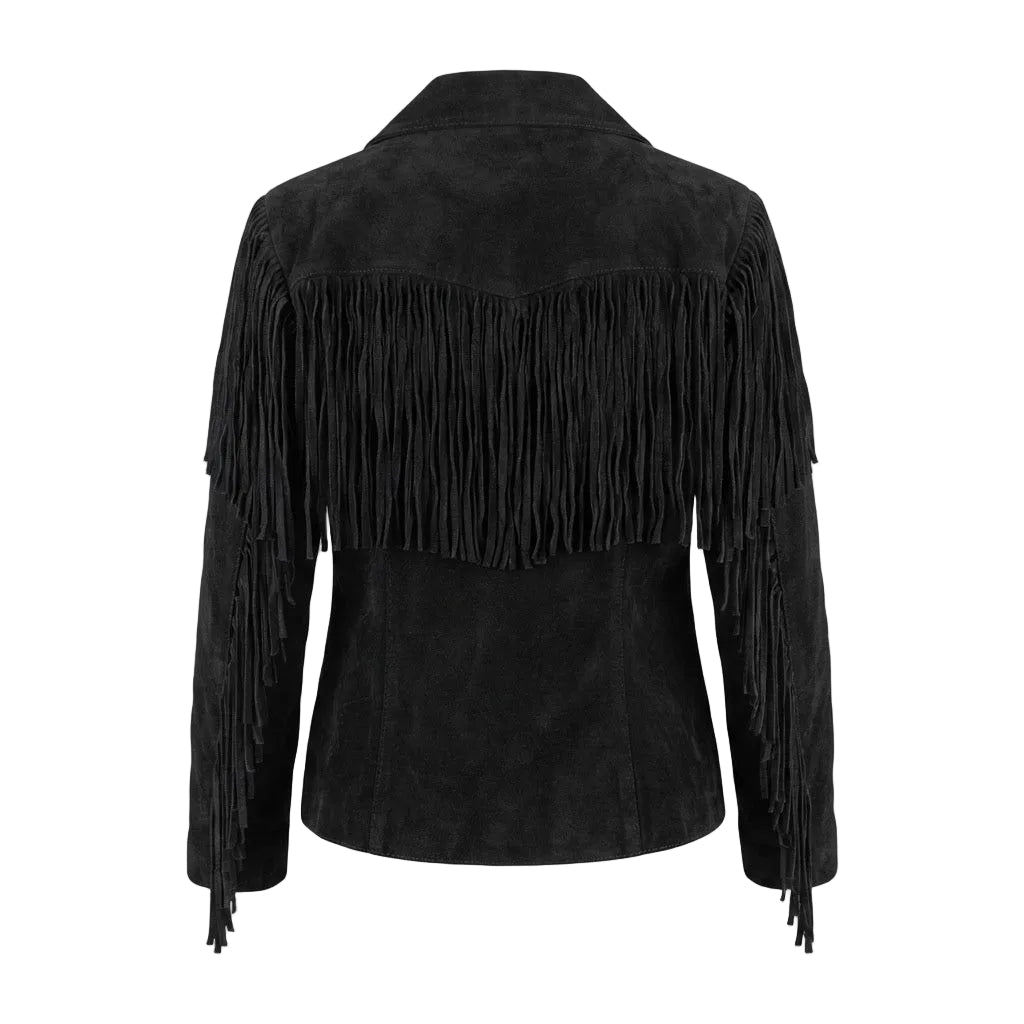 Black suede fringe jacket shown from the back, featuring long fringe detailing across the shoulders and down the sleeves, set against a plain white background.