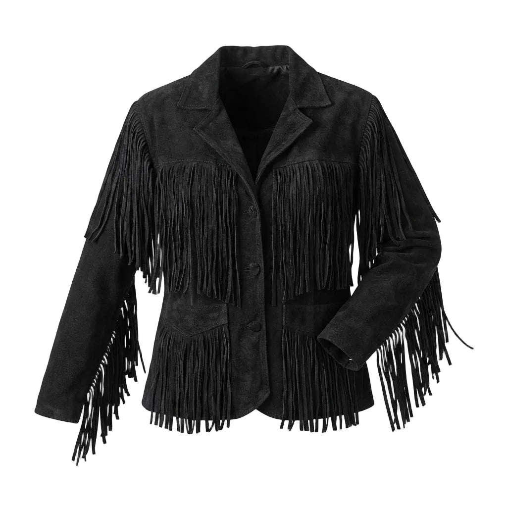 A black suede fringe jacket with a notched lapel, three-button front, and long hanging fringe detailing along the front, sleeves, and hem, shown against a plain white background.