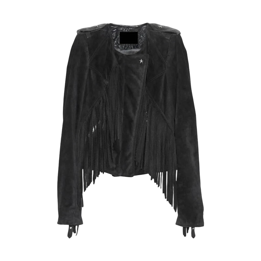 A black suede fringe jacket with shoulder epaulets and a small silver star detail on the chest, shown against a plain white background.