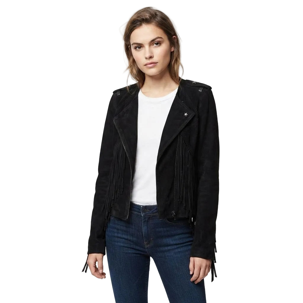 A woman modeling a black suede moto jacket with fringe details, worn over a white t-shirt and blue jeans, against a plain white studio background.