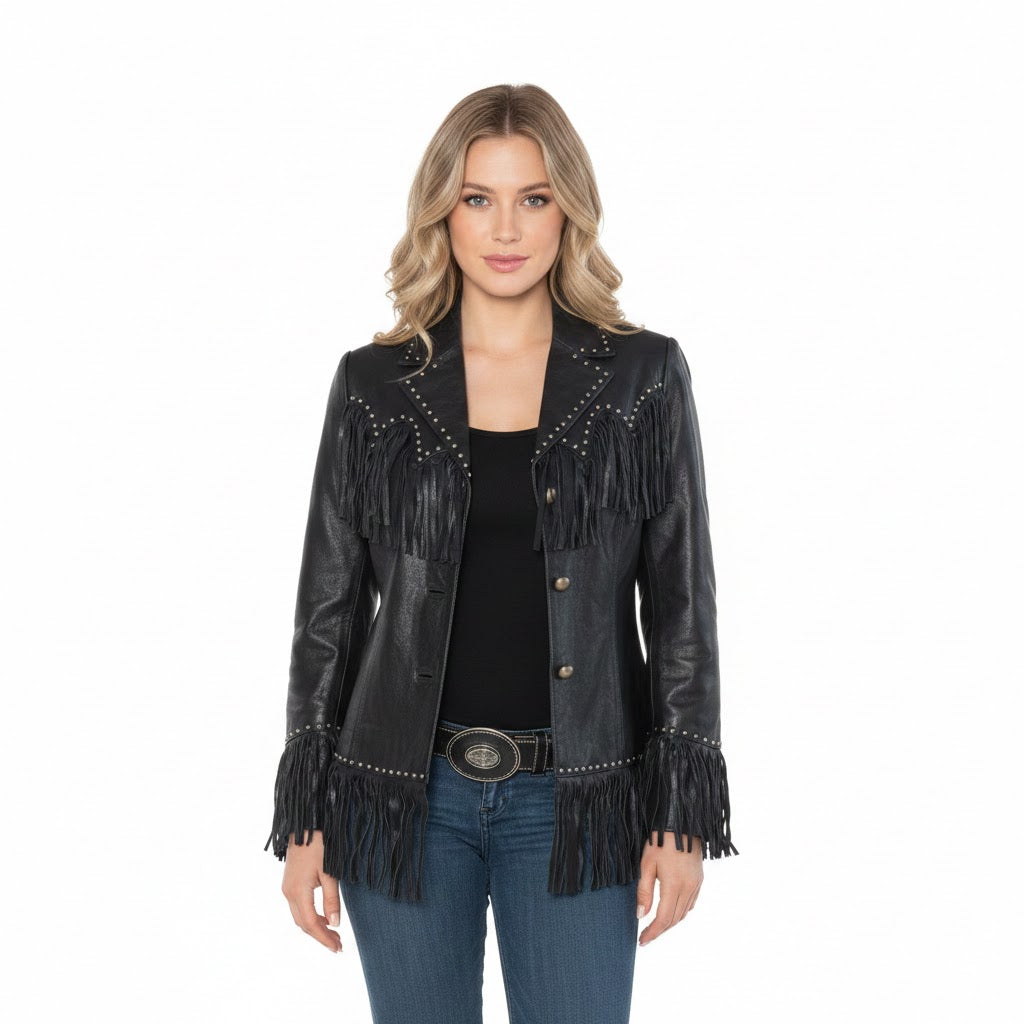 Woman wearing a black leather jacket with fringe and studs on a white background