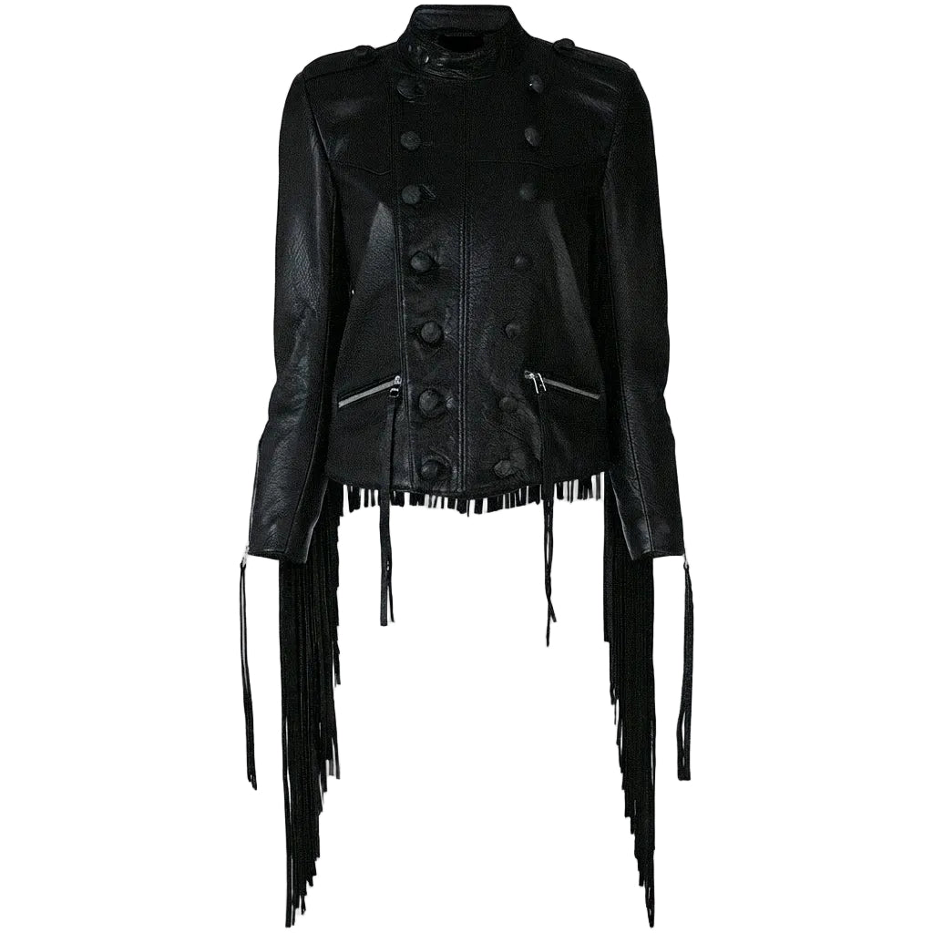 A black faux-leather jacket with a double-breasted button closure, asymmetrical zipper details, and long fringe hanging from the hem and sleeves, shown against a plain white background.