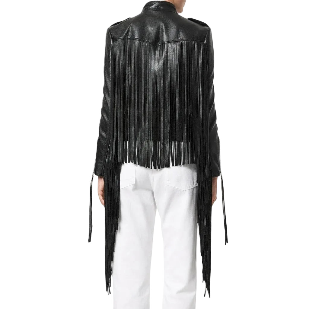 A black leather fringe jacket shown from the back on a model wearing white pants, against a plain white background.