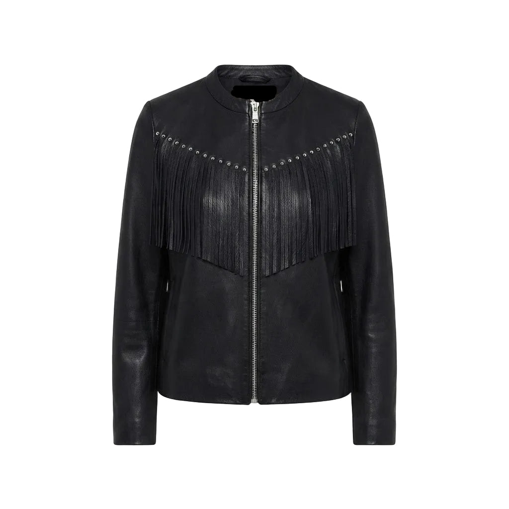 A black faux-leather fringe jacket with a silver front zipper and decorative silver studs, shown on a plain light gray background.