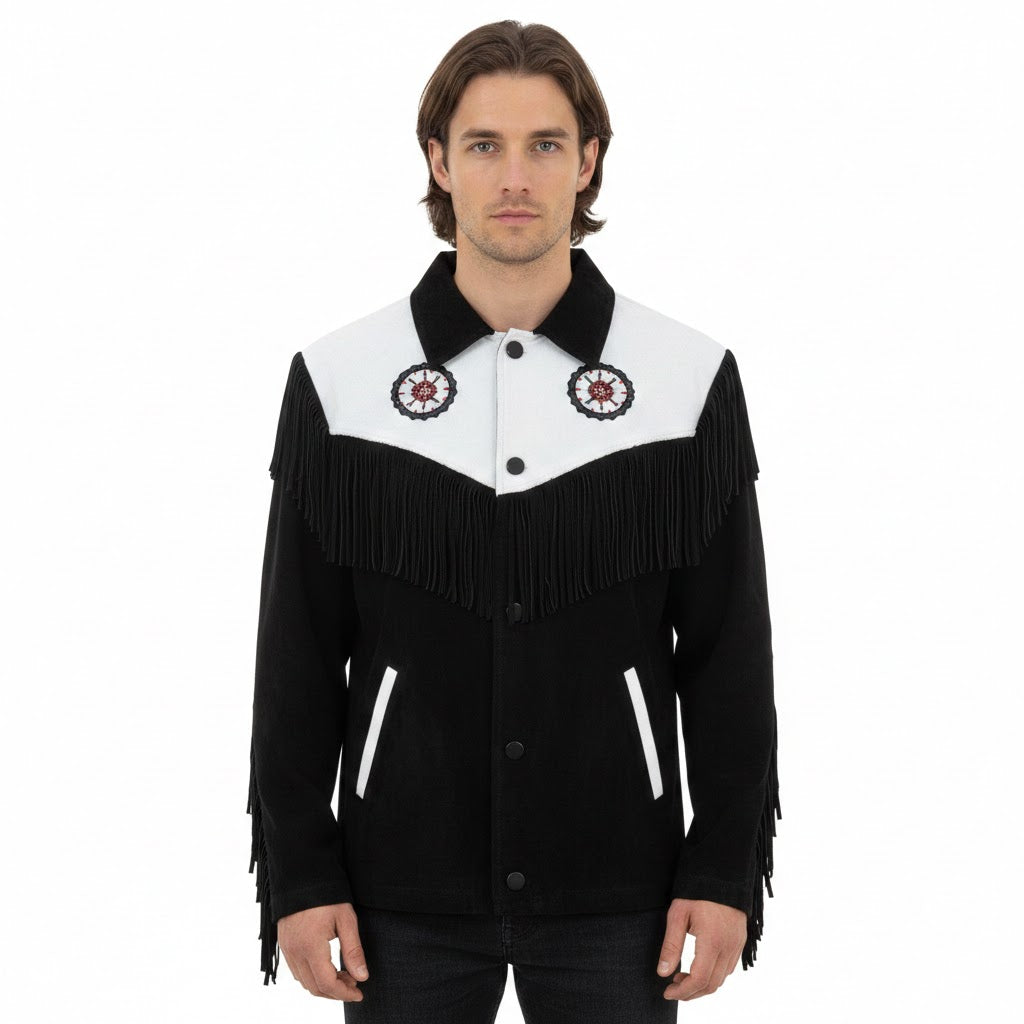 Man wearing a black and white fringed jacket with red and white patterns on a white background