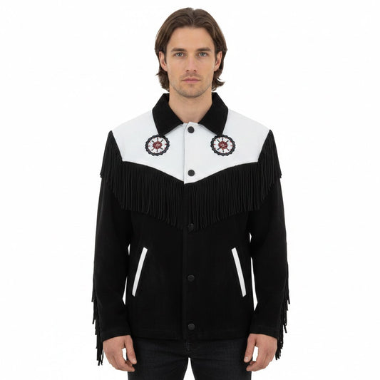 Man wearing a black and white fringed jacket with red and white patterns on a white background