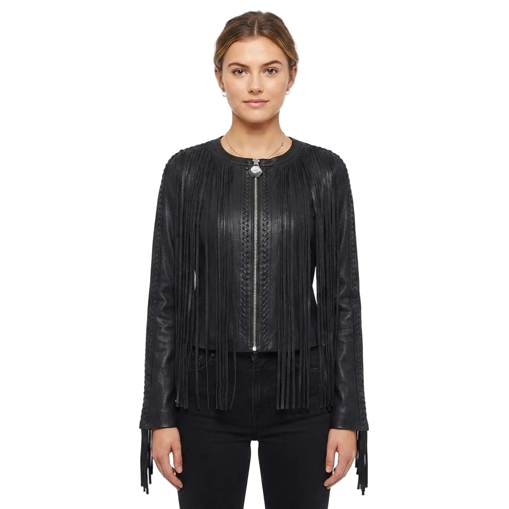 A woman modeling a black leather fringe jacket with a silver zipper and a decorative silver clasp at the neckline, paired with black pants against a plain white background.