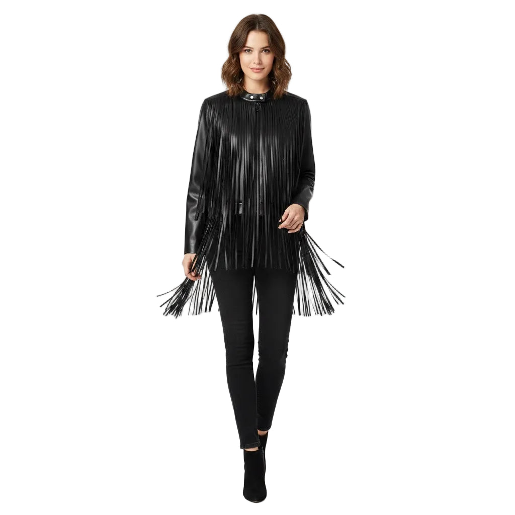 Woman wearing a black fringe leather jacket and pants on a white background