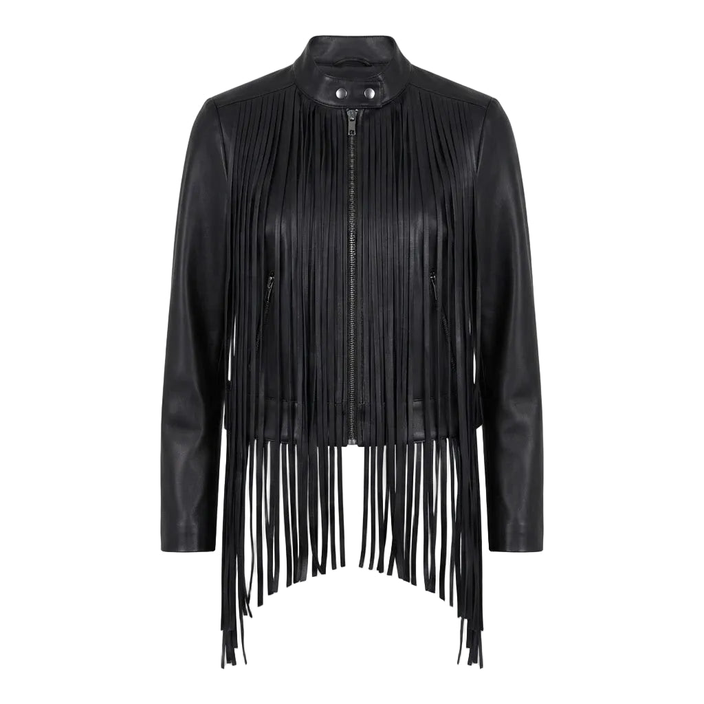 Black leather jacket with long fringes on white background