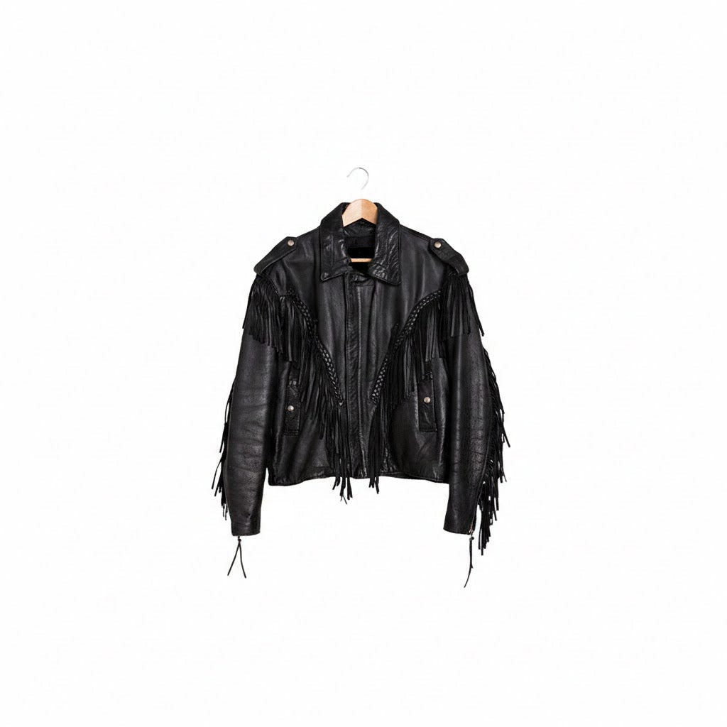 Black leather jacket with fringe details on a white background