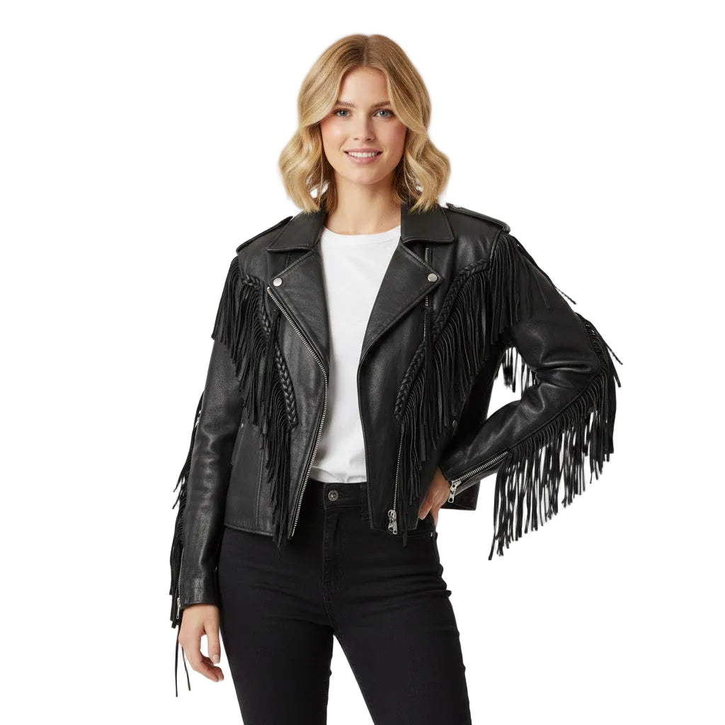 Woman wearing a black leather jacket with fringe on a white background
