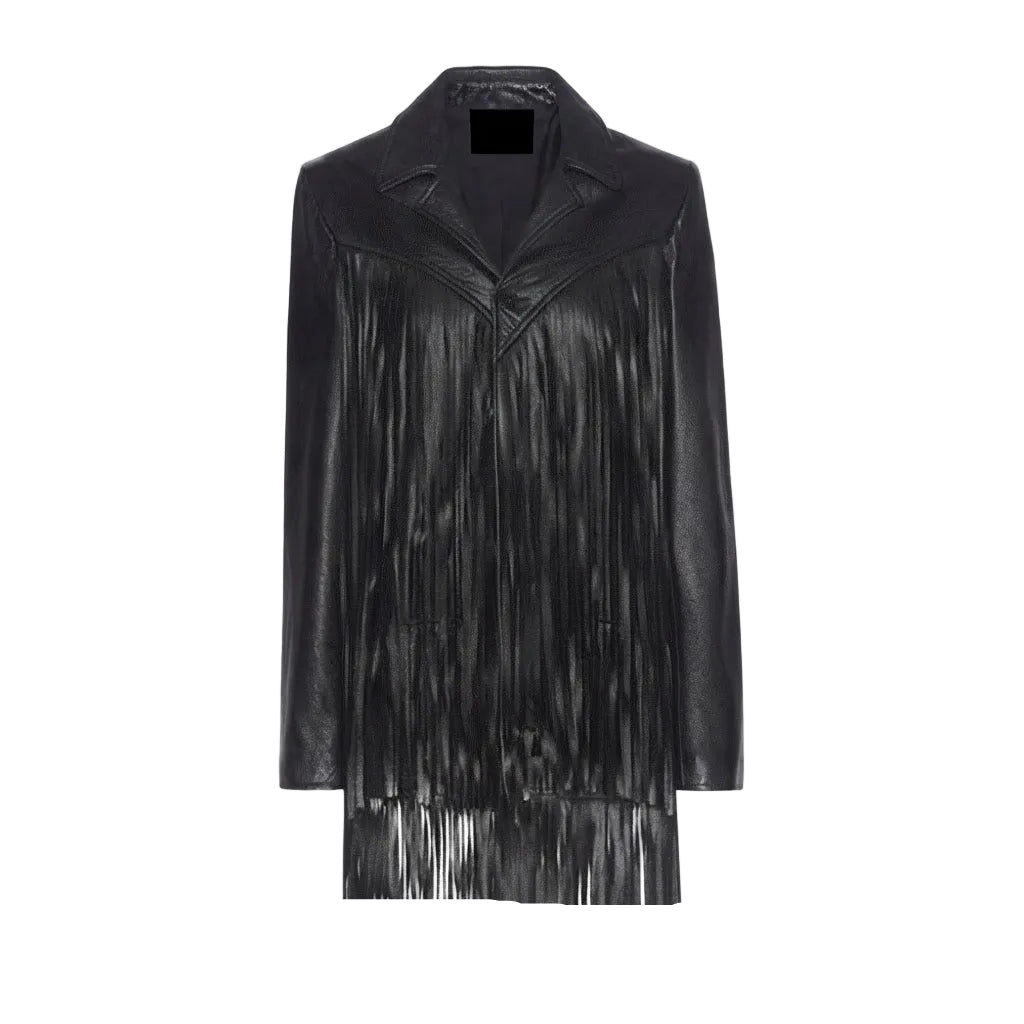 A black faux leather fringe jacket with a notched lapel collar, shown against a plain white background.